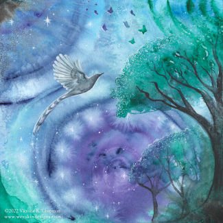 "Being Peace" original painting by Victoria K. Chapman. Purple, blue, and green swirls with stars. A long-tailed sibia bird flies next to a grove of trees, as butterflies fly in the distance.