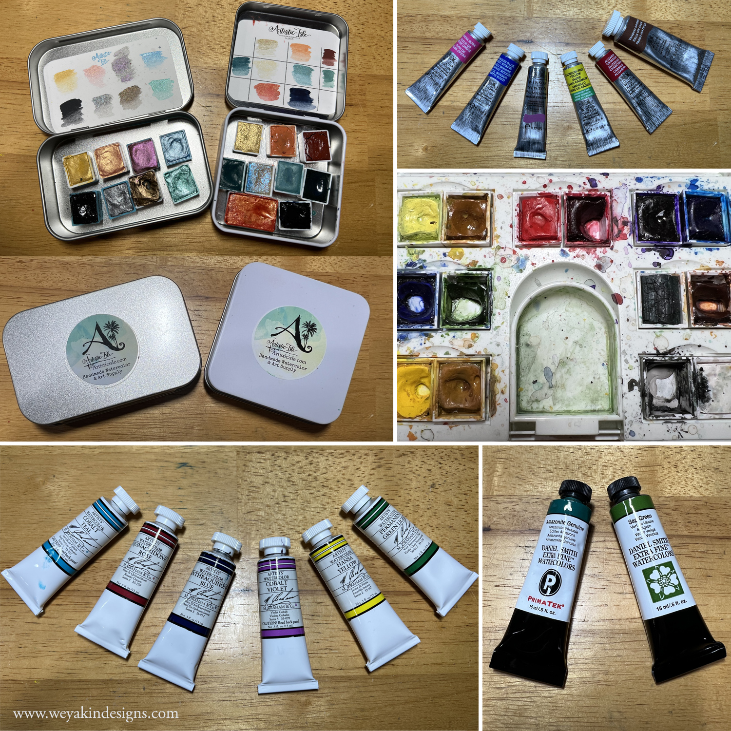A bunch of different watercolor paints in both pan and tube form, spread out on a table.