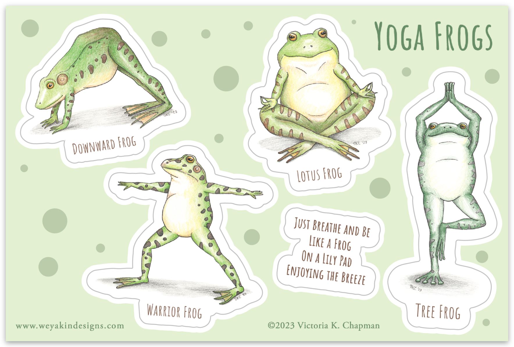 Yoga Frogs Sticker Sheet (4×6″ with 5 stickers total, vinyl