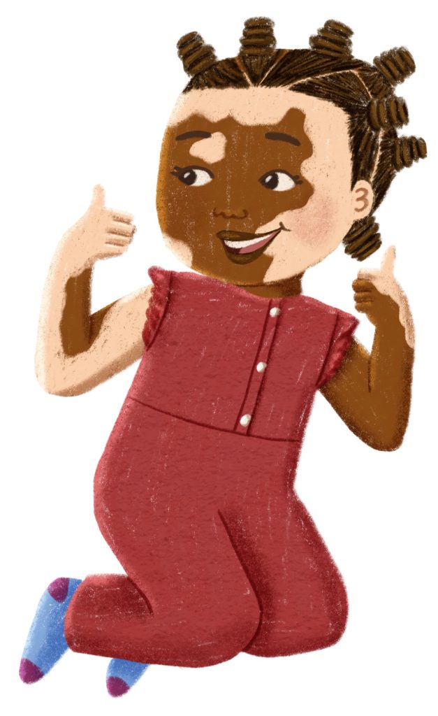 An illustration of a young Black girl with vitiligo and her hair in bantu knots, wearing a red jumper. Art by Acamy Schleikorn.
