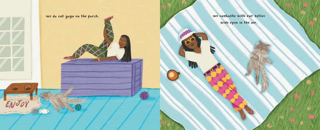 Two pages from NOT MY CAT. On the left a woman does yoga on a porch with her cat. On the right, the same woman lies on a blanket outside with her cat. Illustrated by Acamy Schleikorn.
