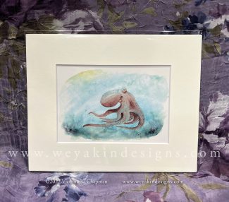 Octopus Running, Watercolor Mixed-Media Illustration 5x7" Signed Matted Digital Art Print