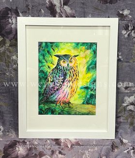 “Flaco Over the Rainbow Bridge” Original Owl Illustration, Framed