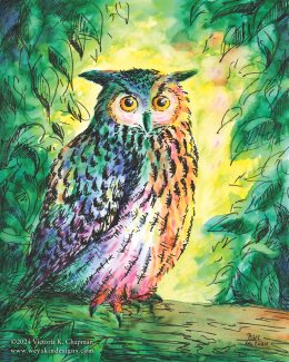 “Flaco Over the Rainbow Bridge” Original Owl Illustration, Framed