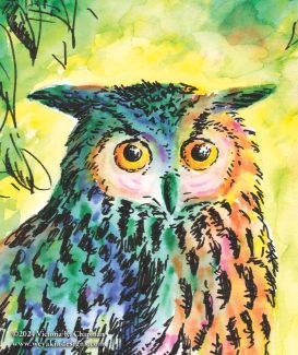 “Flaco Over the Rainbow Bridge” Original Owl Illustration, Framed