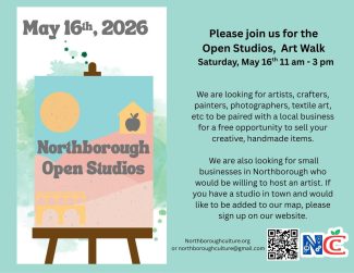 A postcard image for Northborough Open Studios. There is a simple illustration of an art easel with a picture of a building, apple, and sun on it.