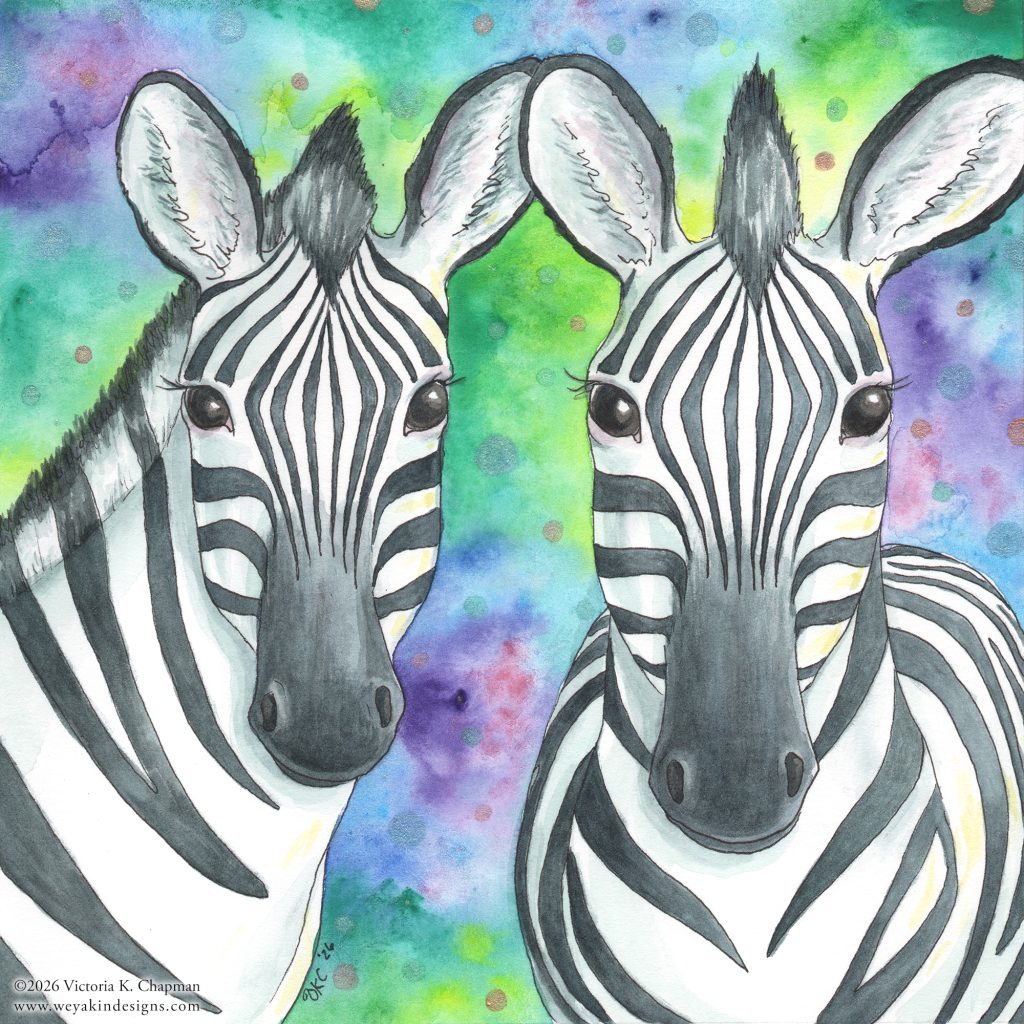 “Party Stripes” Watercolor and Pen Zebra Portrait, Original Art Print