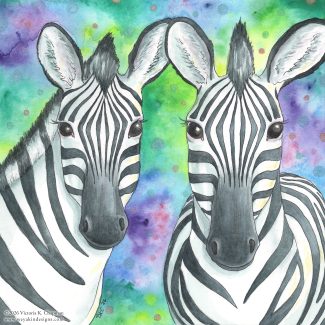 “Party Stripes” Watercolor and Pen Zebra Portrait, Original Art Print