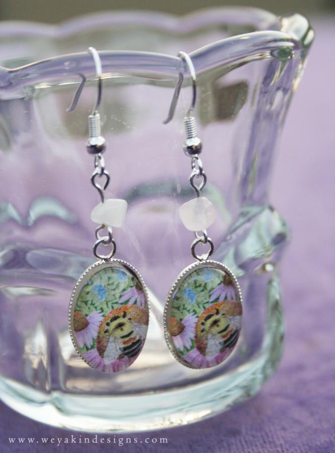 Rusty Patched Bumble Bee Earrings with Rose Quartz   