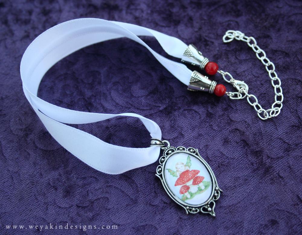 The Playful Mushroom Nymph Ribbon Necklace with Red Coral  
